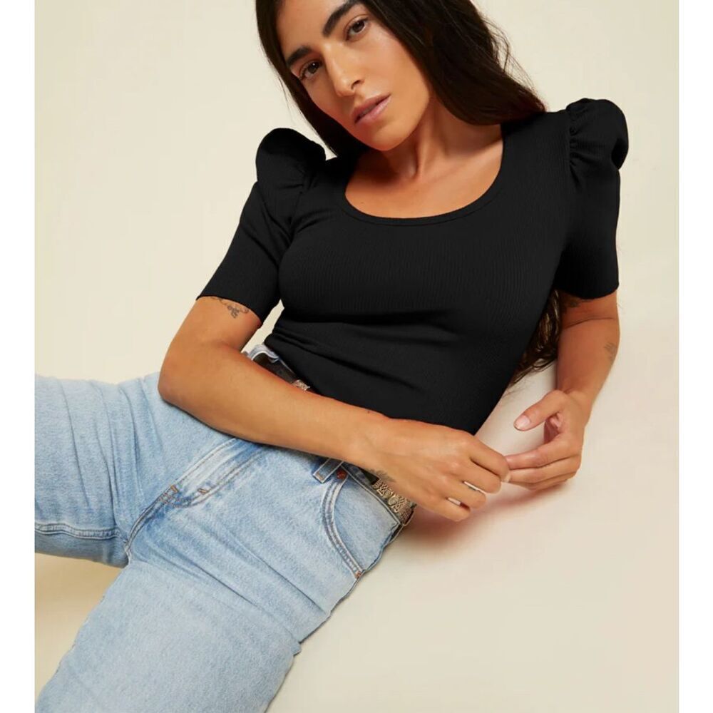 Nation LTD Jet Black Pixie Scoop Neck Ribbed Puff Sleeve Party Tee Top Sz Small
